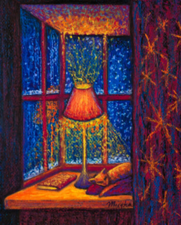 oeuvre-artiste-claire-dubois-soiree-cosy-chat-dormant-à-cote-lampe-pastel